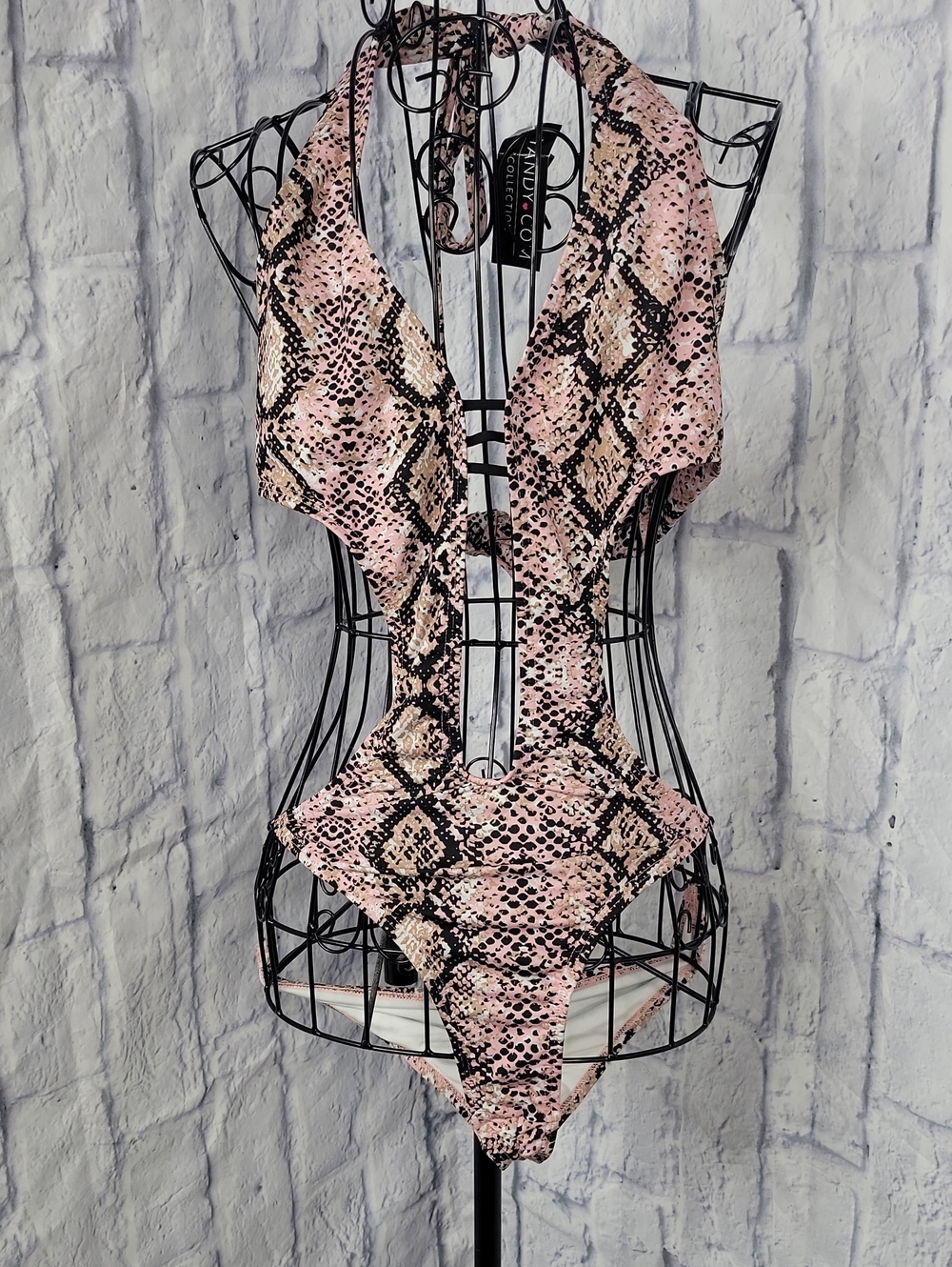 Yandy Snakeskin One-Piece Swimsuit Plunging Halter Cutout Monokini Large NWT